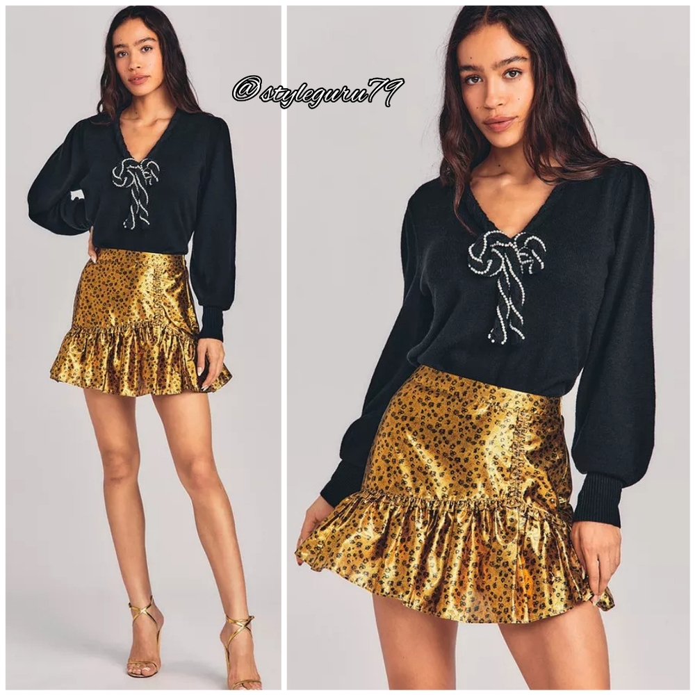 NWT, LoveShackFancy, Jovanna Gold Skirt in Safari Print